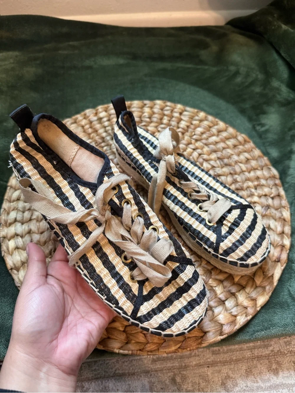 Sam Edelman Black and Natural Striped Espadrille Lace-Up Sneakers